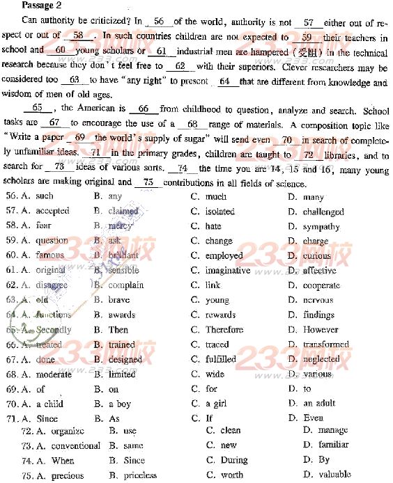 2014年成人学位英语完型填空练习002